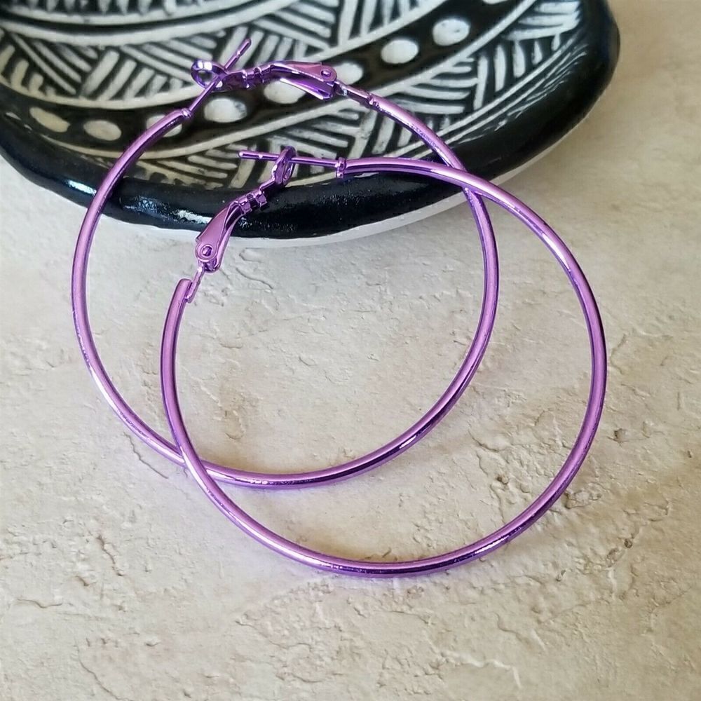 Sleek Purple Large Hoop Earrings 50mm 2" Leverback Minimalist Classic